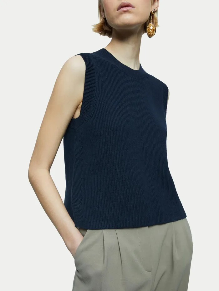 Jigsaw Knitwear and Cashmere Women Cotton Blend Knit Crew Tank Blue