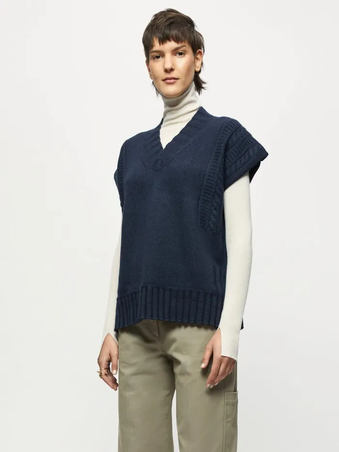 Jigsaw Knitwear and Cashmere Women Sleeveless Cable V Neck Jumper Blue