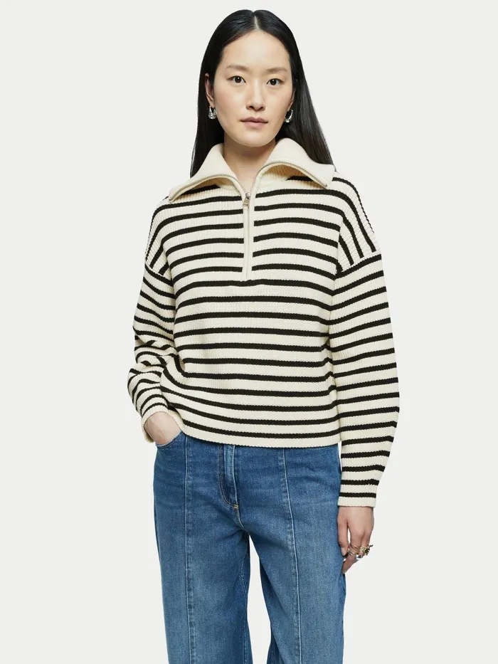 Jigsaw Knitwear and Cashmere Women Zip Collar Stripe Jumper Cream