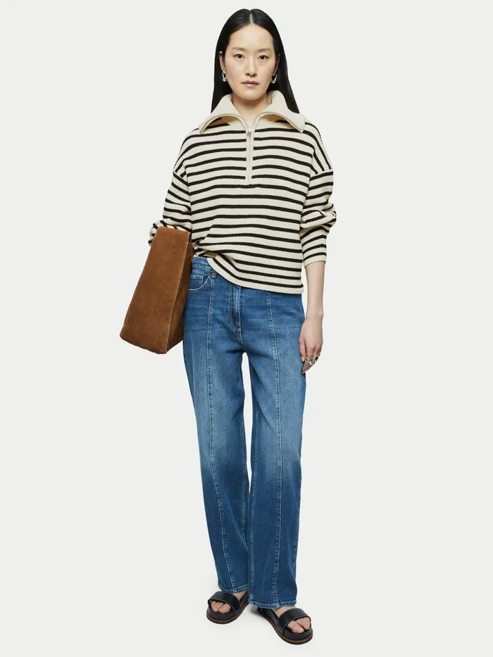 Jigsaw Knitwear and Cashmere Women Zip Collar Stripe Jumper Cream