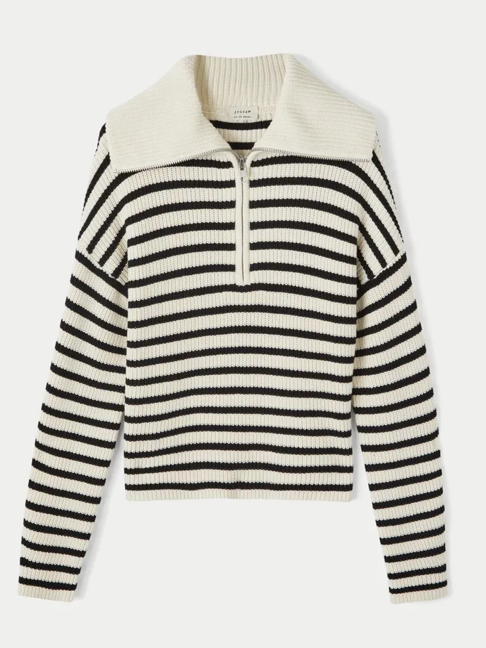 Jigsaw Knitwear and Cashmere Women Zip Collar Stripe Jumper Cream