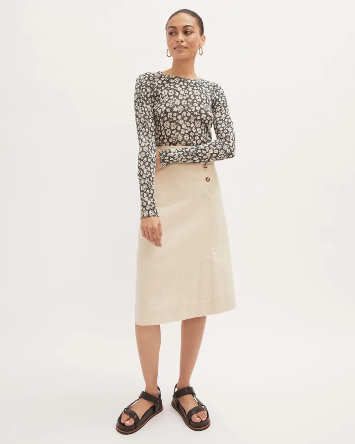 Jigsaw Skirts Women Denim Side Button Midi Skirt Cream