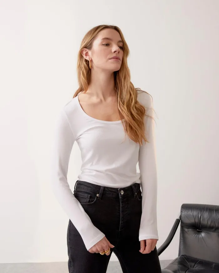 Jigsaw Tshirts Women Anderby Rib Scoop Neck Long Sleeve Tee White
