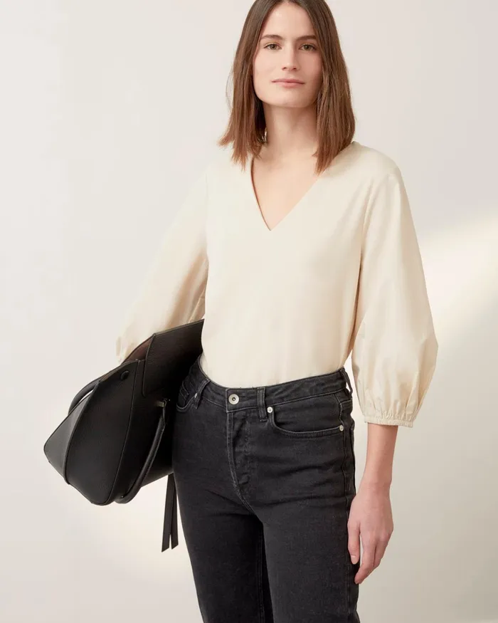 Jigsaw Tops Women Cotton Puff Sleeve V Top Cream
