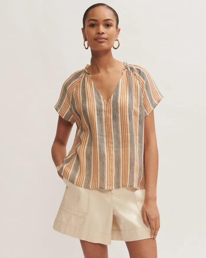 Jigsaw Tops Women Gauze Linen Striped Top Cream