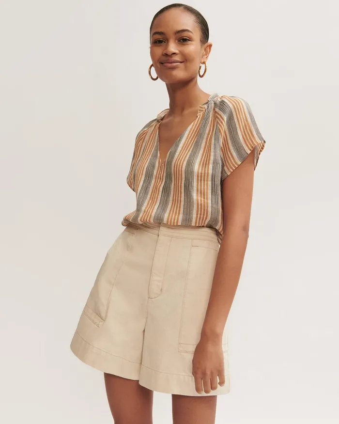 Jigsaw Tops Women Gauze Linen Striped Top Cream