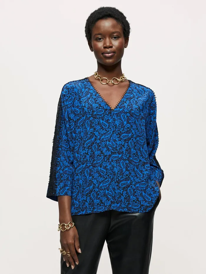 Jigsaw Tops Women Klein Paisley Lace Blouse Blue