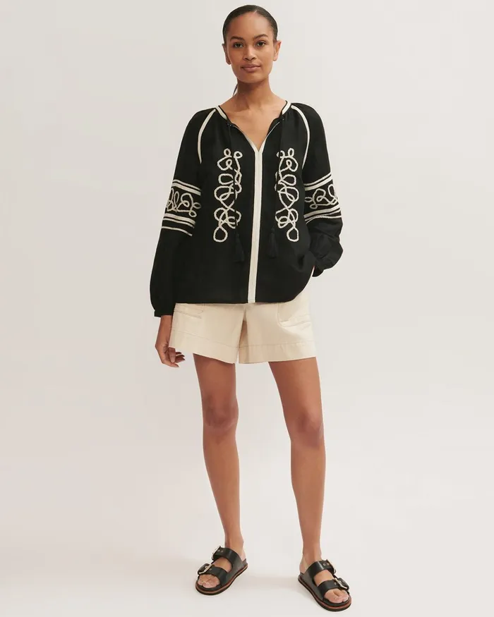 Jigsaw Tops Women Linen Blend Rope Kaftan Blouse Black