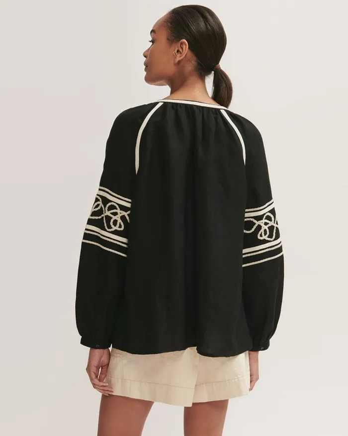 Jigsaw Tops Women Linen Blend Rope Kaftan Blouse Black