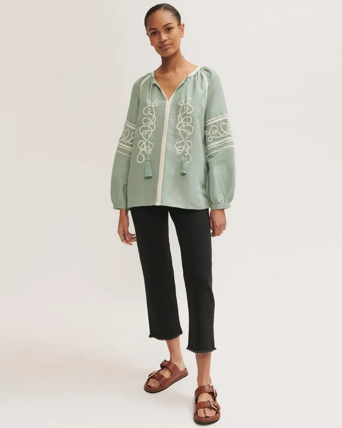 Jigsaw Tops Women Linen Blend Rope Kaftan Blouse Green