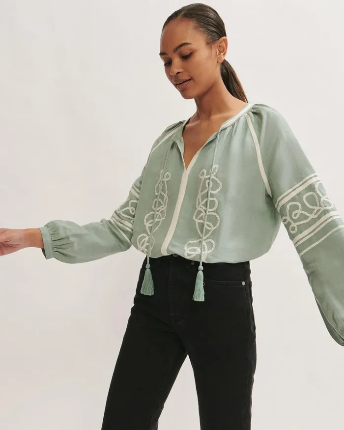 Jigsaw Tops Women Linen Blend Rope Kaftan Blouse Green