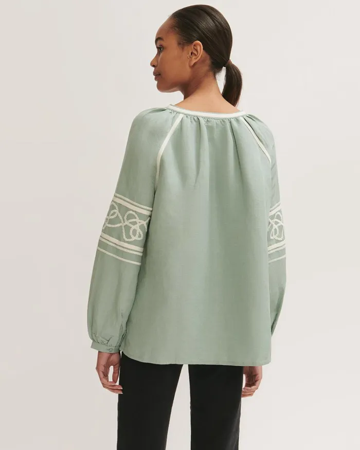 Jigsaw Tops Women Linen Blend Rope Kaftan Blouse Green