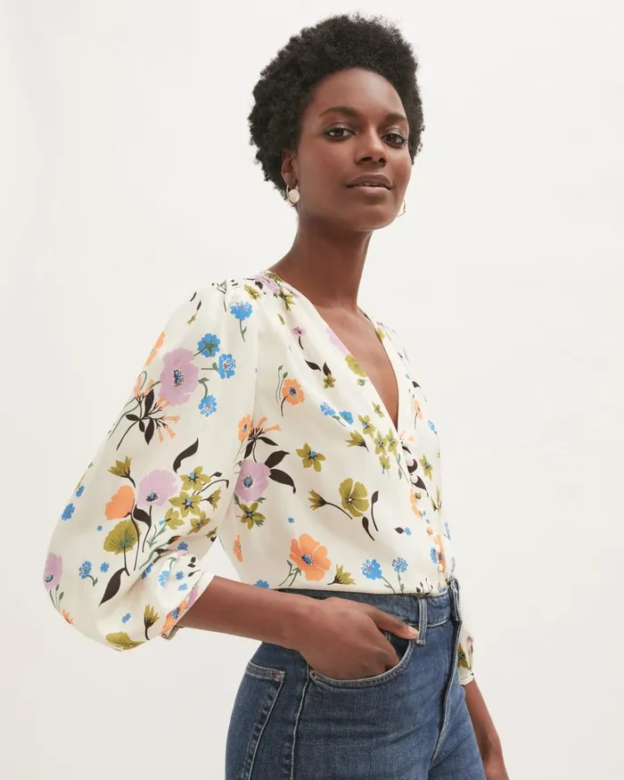Jigsaw Tops Women Silk Vintage Posy Blouse Yellow