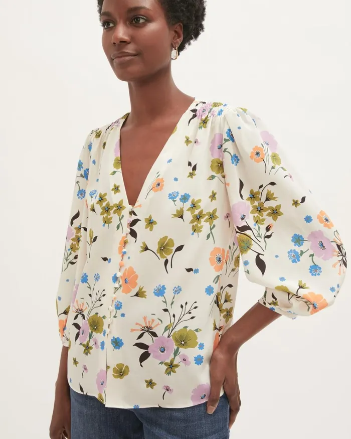 Jigsaw Tops Women Silk Vintage Posy Blouse Yellow