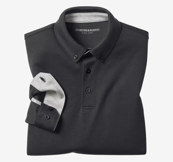 Johnston and Murphy Liquid Cotton LongSleeve Polo Black Men Polos and Tees