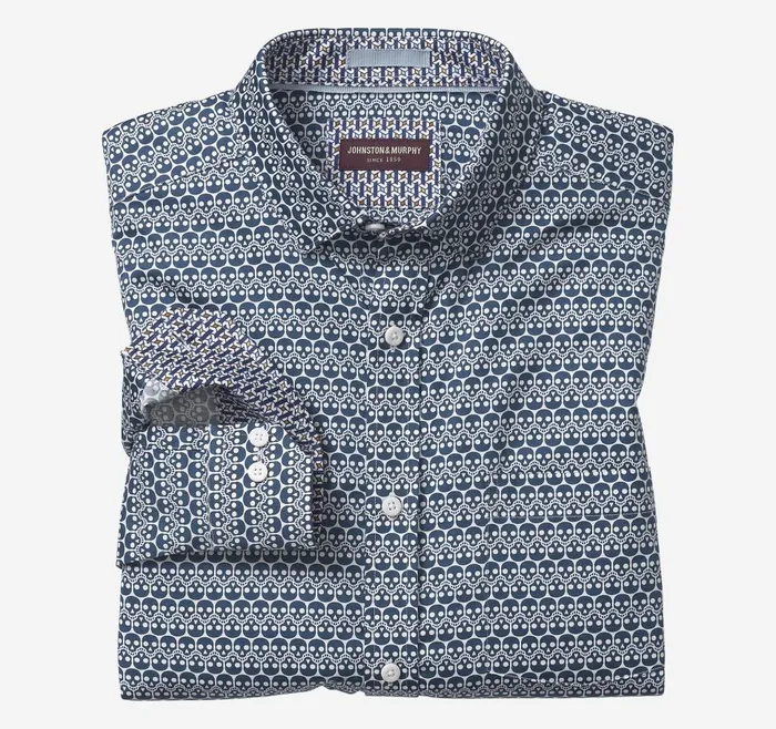 Johnston and Murphy Printed Cotton Shirt Navy Repeating Skull Men Shirts