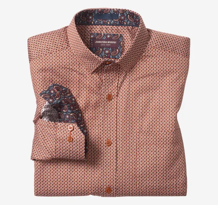 Johnston and Murphy Printed Cotton Shirt Rust Diamond Men Shirts
