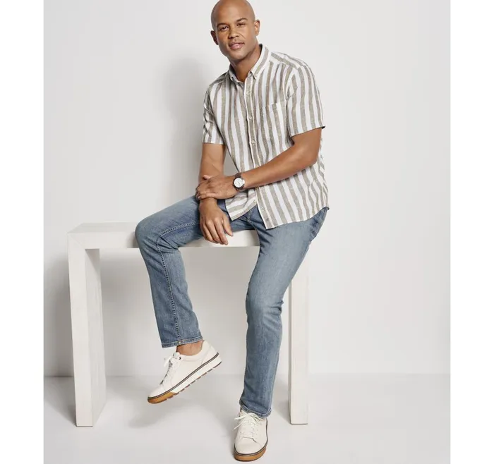 Johnston and Murphy Stripe LinenBlend Shirt Brown Stripe Men ShortSleeve Shirts Johnston and Murphy Stripe LinenBlend Shirt Brown Stripe Men ShortSleeve Shirts
