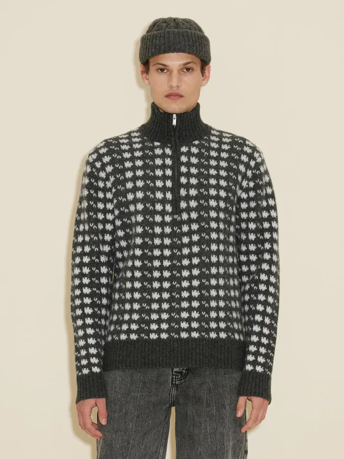 Knitwear Men Holzweiler Castle Nordic Pattern Half Zip Dk Grey Mix