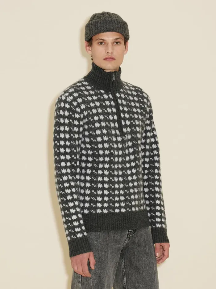 Knitwear Men Holzweiler Castle Nordic Pattern Half Zip Dk Grey Mix