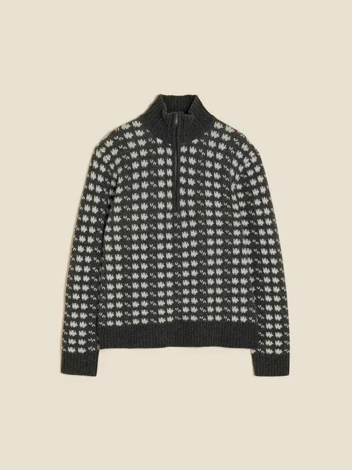 Knitwear Men Holzweiler Castle Nordic Pattern Half Zip Dk Grey Mix