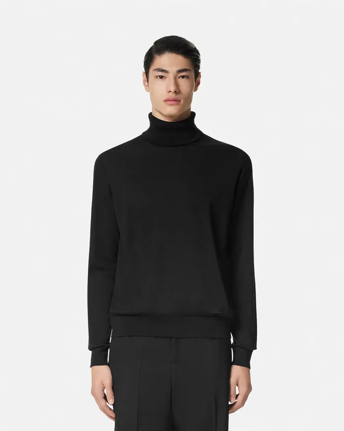 Knitwear Men Versace SilkBlend Knit Turtleneck Sweater Black