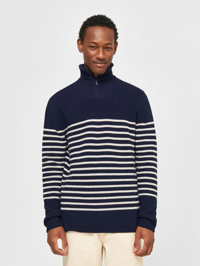 KnowledgeCotton Apparel Knits 12 Neck Zip Merino Wool Rib Knit Blue Stripe 8211 Men KnowledgeCotton Apparel Knits 12 Neck Zip Merino Wool Rib Knit Blue Stripe 8211 Men