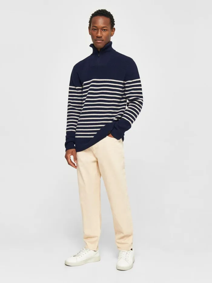 KnowledgeCotton Apparel Knits 12 Neck Zip Merino Wool Rib Knit Blue Stripe 8211 Men KnowledgeCotton Apparel Knits 12 Neck Zip Merino Wool Rib Knit Blue Stripe 8211 Men
