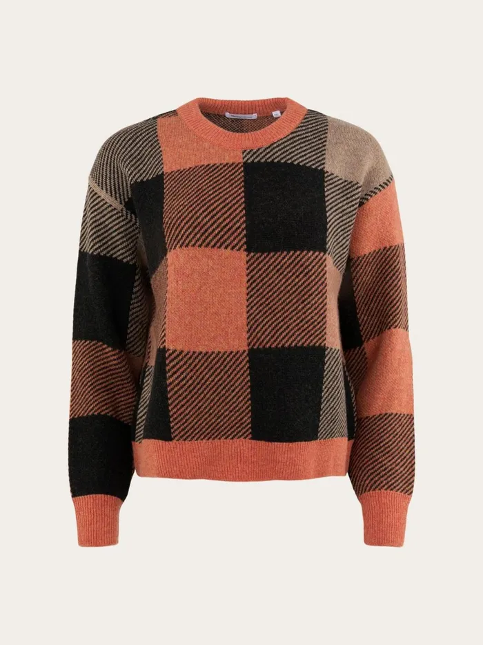KnowledgeCotton Apparel Knits Boxy Pixel Check Crew Neck Autumn Leaf 8211 Women