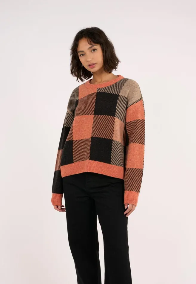 KnowledgeCotton Apparel Knits Boxy Pixel Check Crew Neck Autumn Leaf 8211 Women KnowledgeCotton Apparel Knits Boxy Pixel Check Crew Neck Autumn Leaf 8211 Women