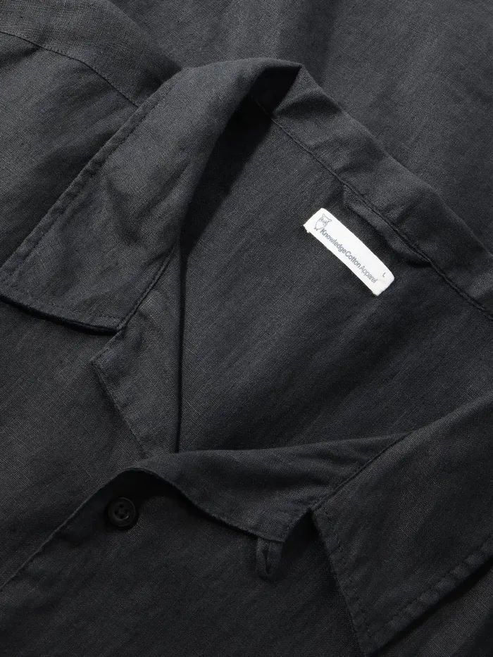 KnowledgeCotton Apparel Shirts Box Fit Short Sleeved Linen Shirt Black Jet 8211 Men