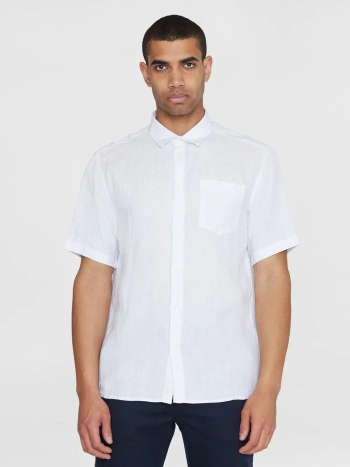KnowledgeCotton Apparel Shirts Custom Fit Linen Short Sleeve Shirt Bright White 8211 Men KnowledgeCotton Apparel Shirts Custom Fit Linen Short Sleeve Shirt Bright White 8211 Men
