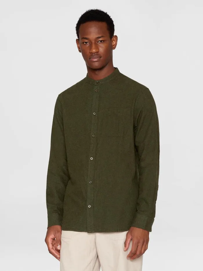 KnowledgeCotton Apparel Shirts Regular Fit Melang Flannel Stand Collar Shirt Forrest Night 8211 Men