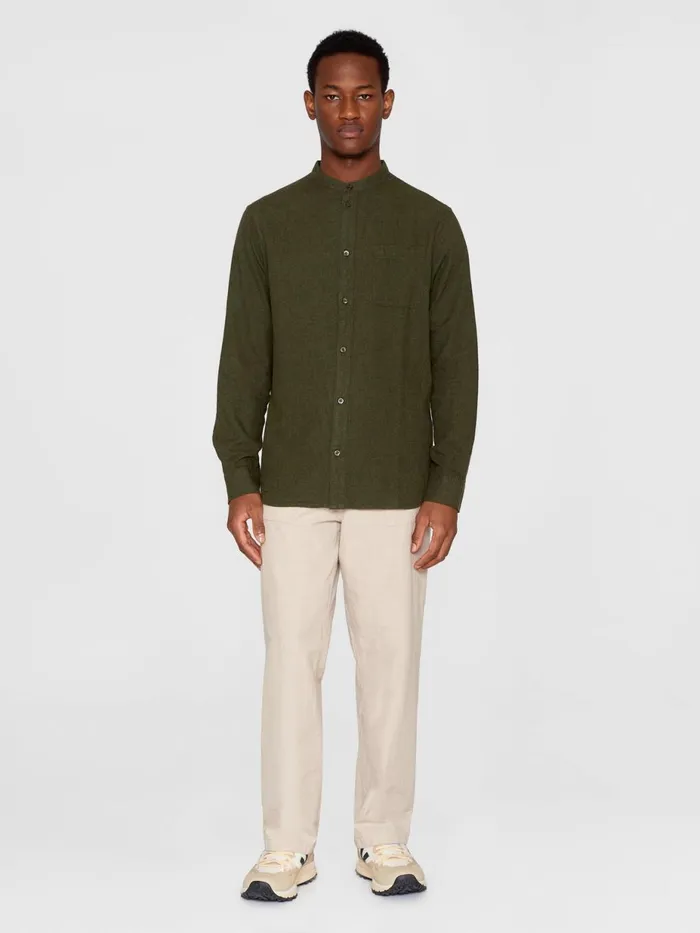 KnowledgeCotton Apparel Shirts Regular Fit Melang Flannel Stand Collar Shirt Forrest Night 8211 Men