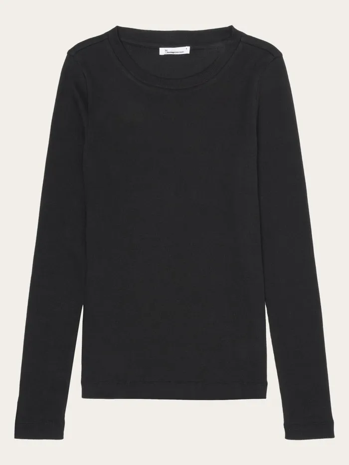 KnowledgeCotton Apparel TShirts And Tops Rib Scoop Neck Long Sleeved Black Jet 8211 Women