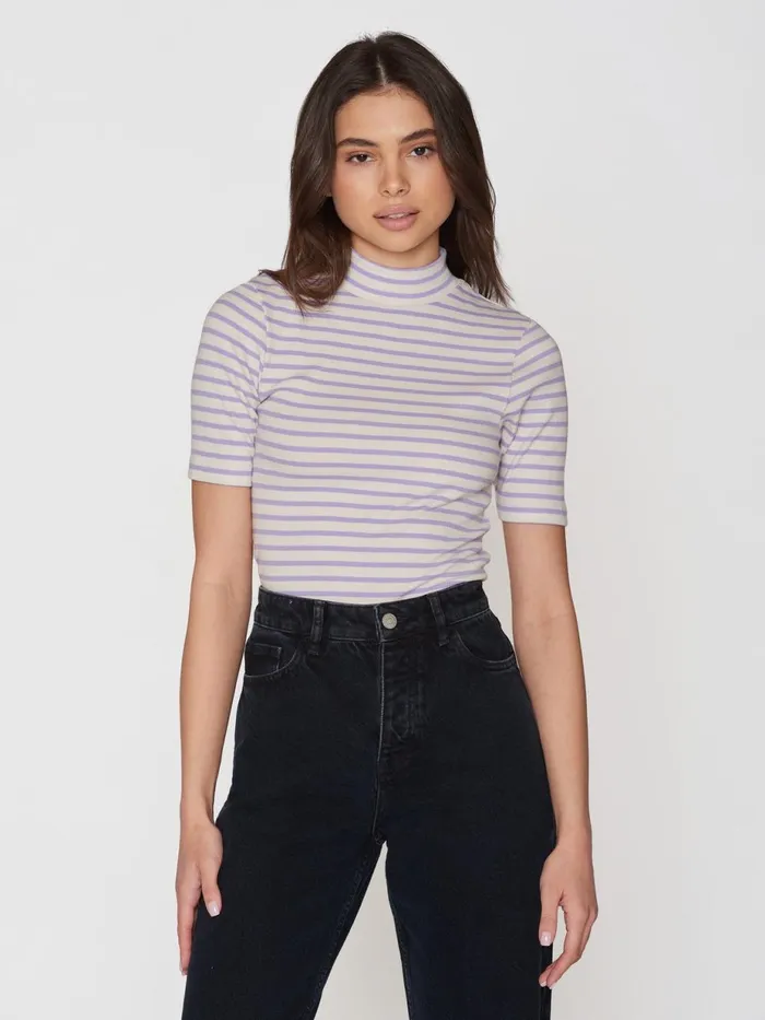 KnowledgeCotton Apparel TShirts And Tops Striped Rib High Neck Short Sleeved Purple Stripe 8211 Women KnowledgeCotton Apparel TShirts And Tops Striped Rib High Neck Short Sleeved Purple Stripe 8211 Women