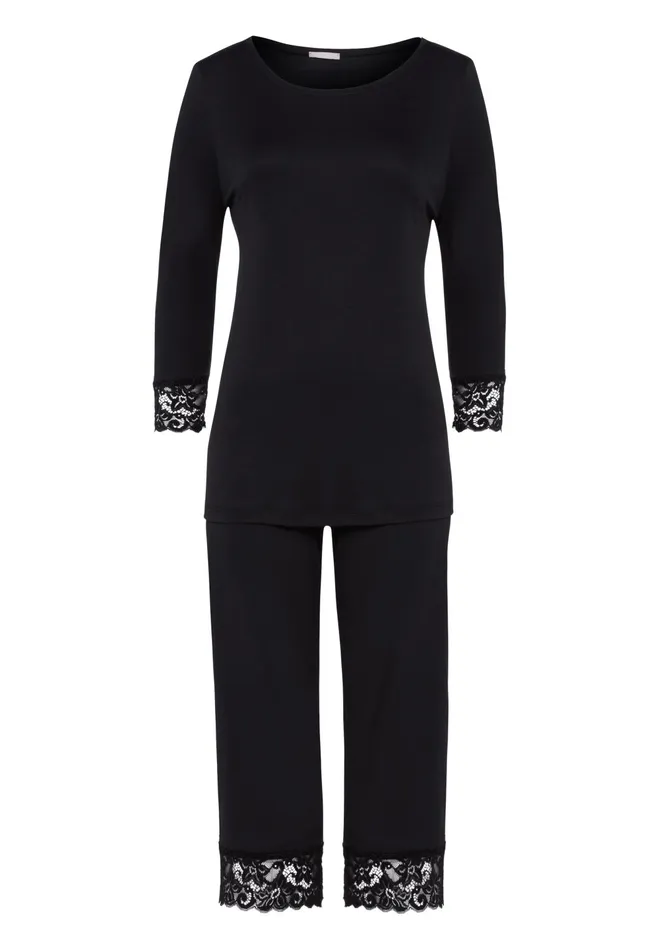 Lace Trim Cotton Pajama Set Black Women HANRO Pajama Sets