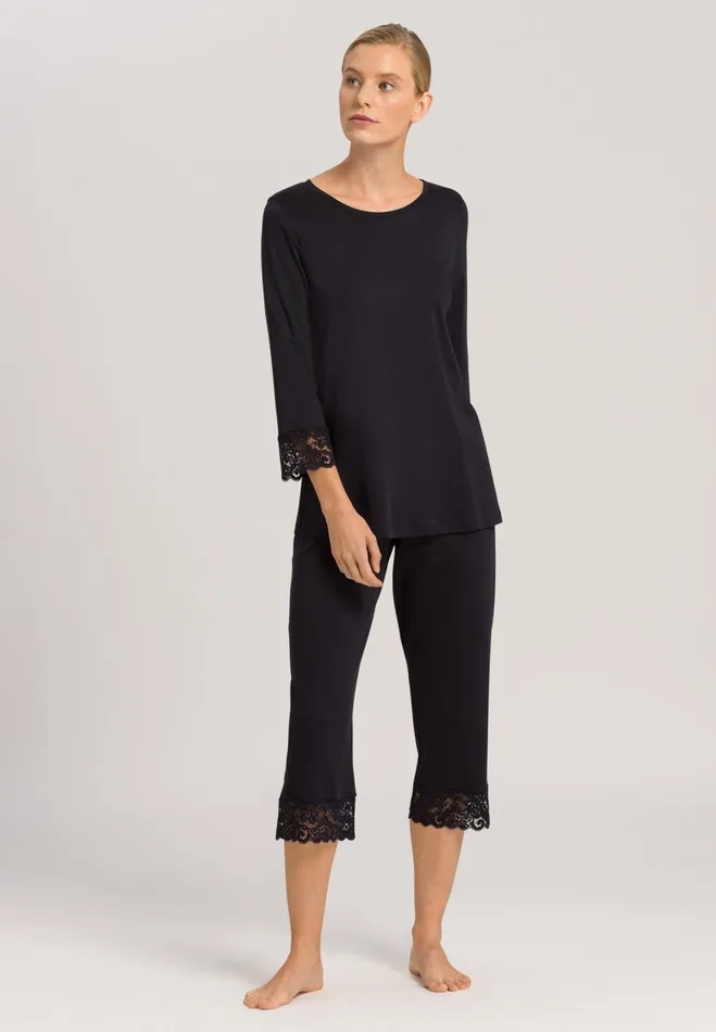 Lace Trim Cotton Pajama Set Black Women HANRO Pajama Sets