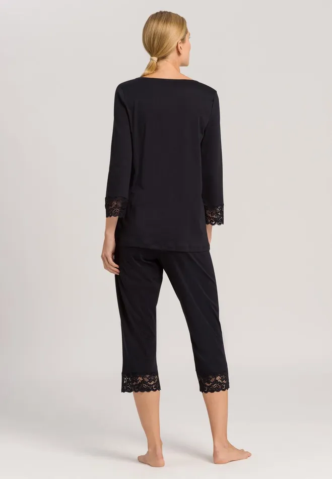 Lace Trim Cotton Pajama Set Black Women HANRO Pajama Sets