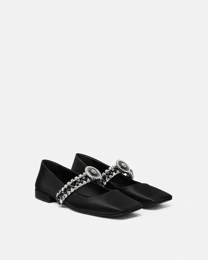 Loafers and Flats Women Versace Crystal Gianni Ribbon Ballerinas Blacksilver