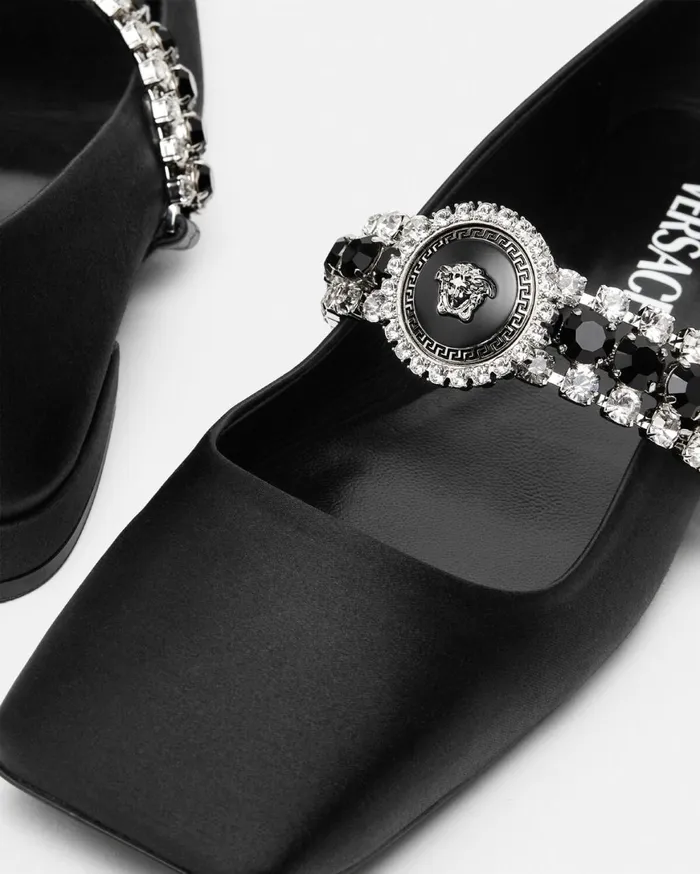Loafers and Flats Women Versace Crystal Gianni Ribbon Ballerinas Blacksilver