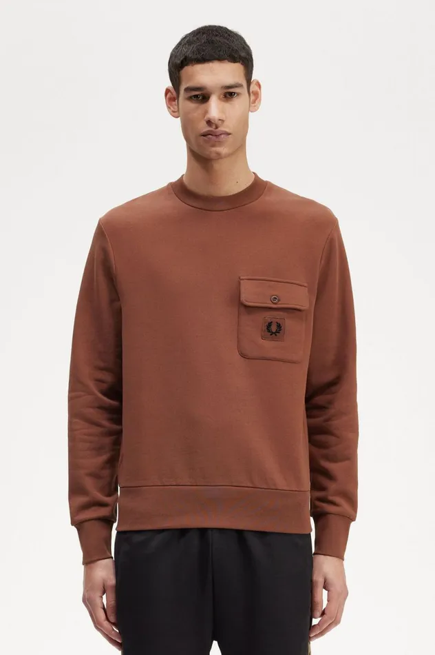 Men Badge Detail Crew Neck Sweatshirt Whisky Brown Fred Perry Sweatshirts