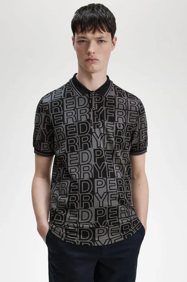 Men Block Graphic Shirt Gunmetal Fred Perry Polo Shirts