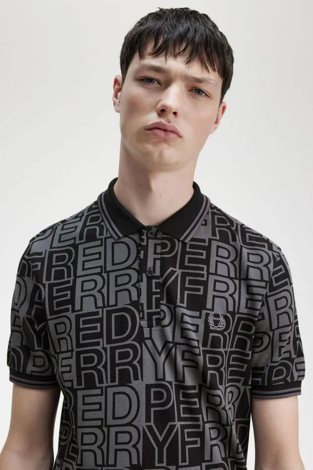 Men Block Graphic Shirt Gunmetal Fred Perry Polo Shirts