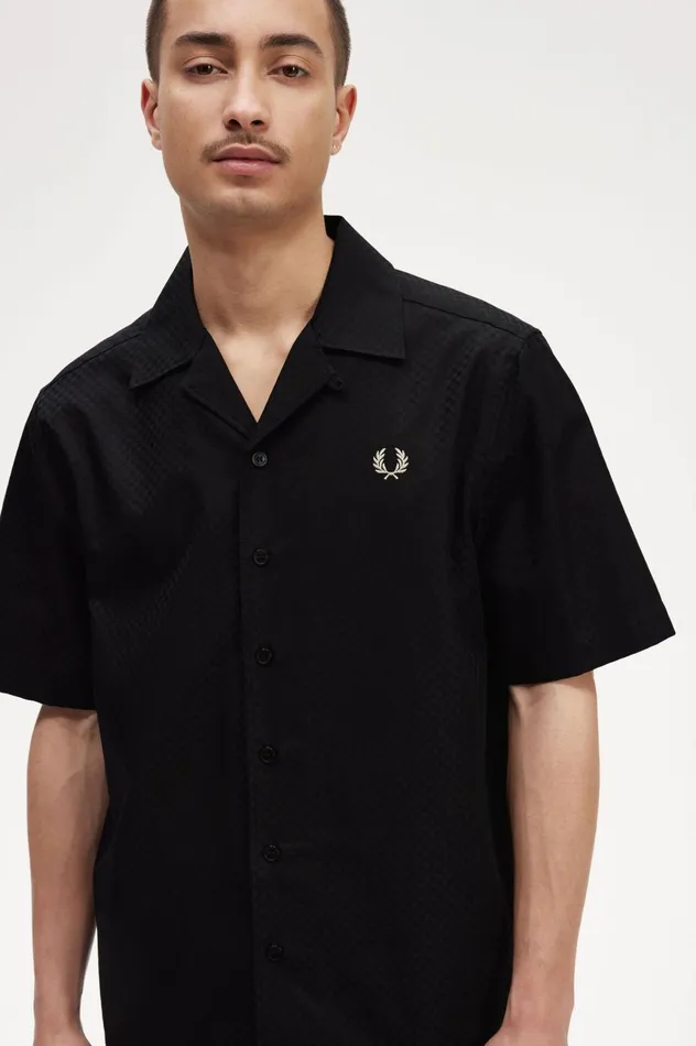 Men Chequerboard Revere Collar Shirt Black Fred Perry Shirts