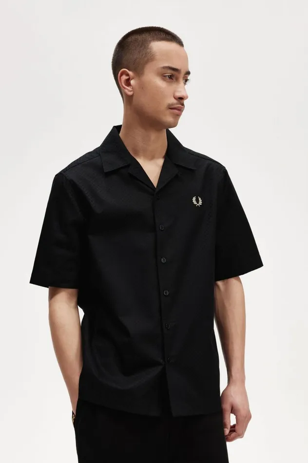 Men Chequerboard Revere Collar Shirt Black Fred Perry Shirts