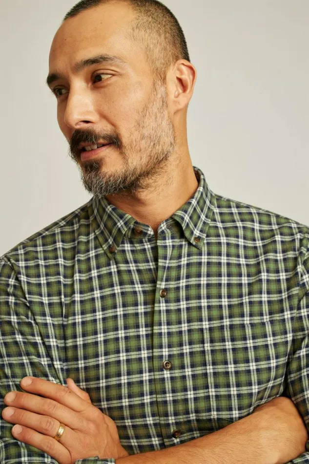 Men Everyday Lightweight Flannel Shirt Forest Green Navy Plaid Bonobos Overshirts