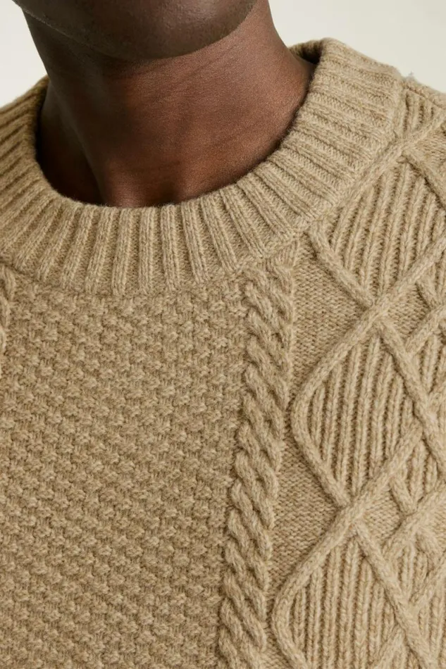 Men Extrafine Merino Cable Sweater Oatmeal Heather Bonobos Crew and VNeck Sweaters