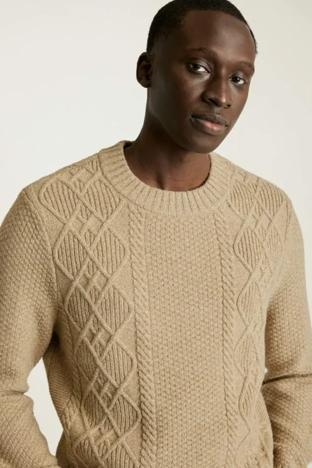 Men Extrafine Merino Cable Sweater Oatmeal Heather Bonobos Crew and VNeck Sweaters
