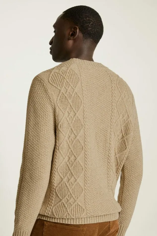 Men Extrafine Merino Cable Sweater Oatmeal Heather Bonobos Crew and VNeck Sweaters